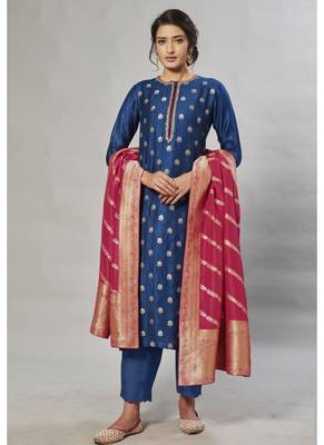 blue embroidered jacquard zari_work long-kurtis 1