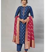 blue embroidered jacquard zari_work long-kurtis