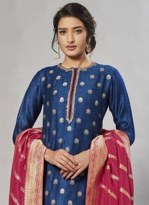 blue embroidered jacquard zari_work long-kurtis 2
