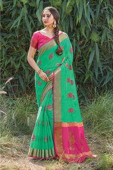 Sangam Prints Women'S Cotton Handloom Woven Work Saree With Blouse Piece Sgshs-1003,Rama  