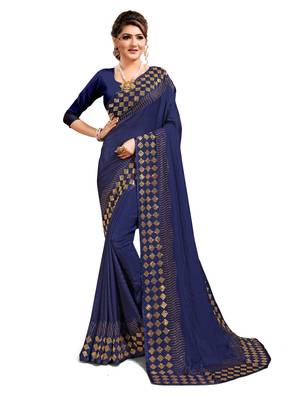Navy blue embroidered satin saree with blouse 1