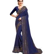 Navy blue embroidered satin saree with blouse