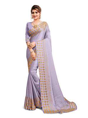 Purple embroidered satin saree with blouse 1