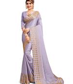 Purple embroidered satin saree with blouse
