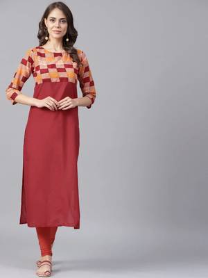 Red Colored Yoke Printed Cotton Kurta 1