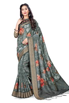 Grey Printed Art Silk Saree With Blouse 1