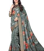 Grey Printed Art Silk Saree With Blouse