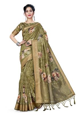 Green Printed Art Silk Saree With Blouse 1