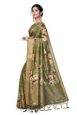 Green Printed Art Silk Saree With Blouse 2