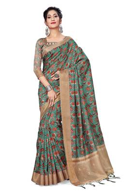 Turquoise Printed Art Silk Saree With Blouse 1