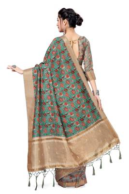 Turquoise Printed Art Silk Saree With Blouse 2
