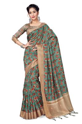 Turquoise Printed Art Silk Saree With Blouse 3