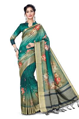 Green Printed Tussar Silk Blend Saree With Blouse 1