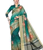 Green Printed Tussar Silk Blend Saree With Blouse