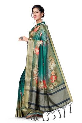 Green Printed Tussar Silk Blend Saree With Blouse 2