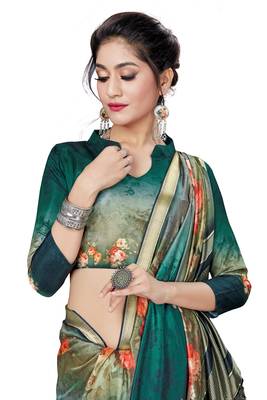 Green Printed Tussar Silk Blend Saree With Blouse 3