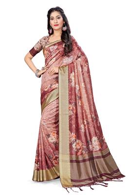 Peach printed tussar silk saree with blouse 1