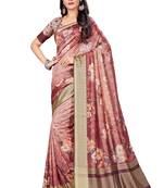 Peach printed tussar silk saree with blouse