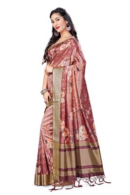Peach printed tussar silk saree with blouse 2