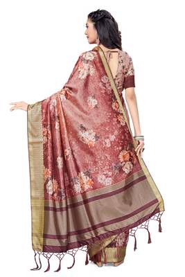 Peach printed tussar silk saree with blouse 3