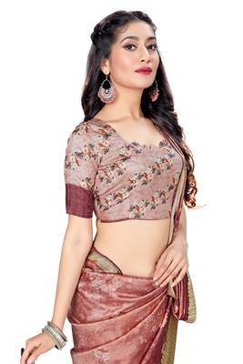 Peach printed tussar silk saree with blouse 4