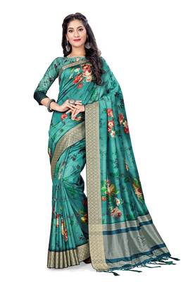 Green printed tussar silk saree with blouse 1