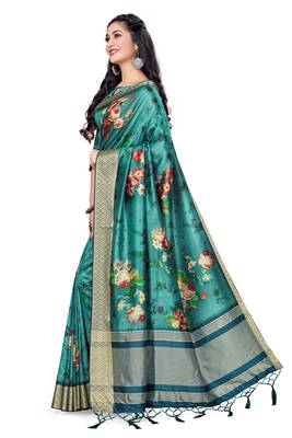Green printed tussar silk saree with blouse 2
