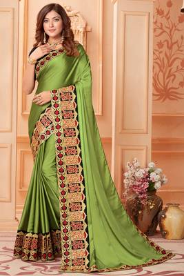Green embroidered silk blend saree with blouse 1