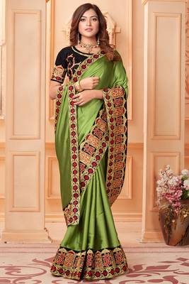 Green embroidered silk blend saree with blouse 2