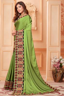 Green embroidered silk blend saree with blouse 3