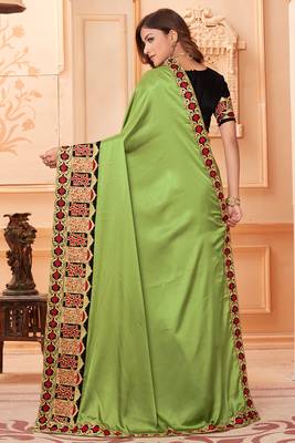 Green embroidered silk blend saree with blouse 4
