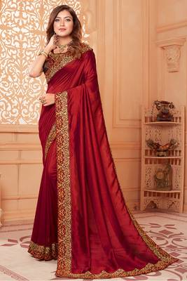 Maroon embroidered silk blend saree with blouse 1