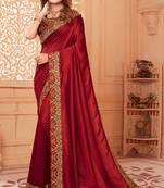 Maroon embroidered silk blend saree with blouse