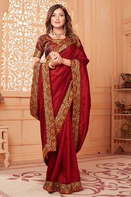 Maroon embroidered silk blend saree with blouse 2