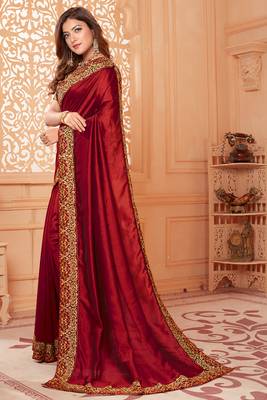Maroon embroidered silk blend saree with blouse 3