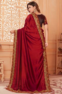 Maroon embroidered silk blend saree with blouse 4