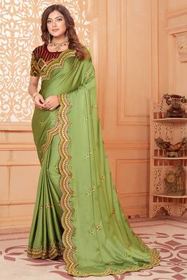 Green embroidered silk blend saree with blouse 1