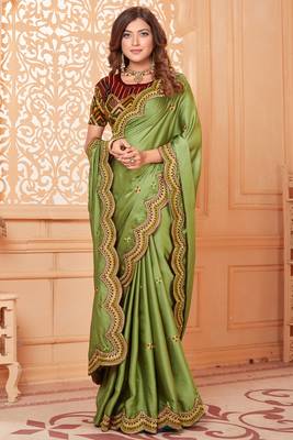 Green embroidered silk blend saree with blouse 2