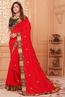 Red embroidered silk blend saree with blouse 1