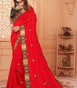 Red embroidered silk blend saree with blouse