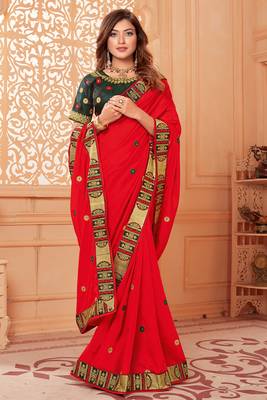 Red embroidered silk blend saree with blouse 2