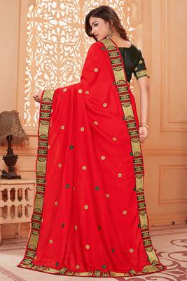 Red embroidered silk blend saree with blouse 4