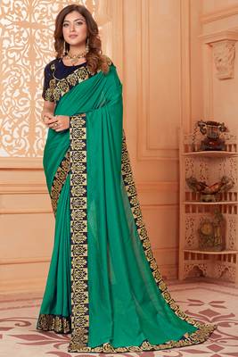 Green embroidered silk blend saree with blouse 1