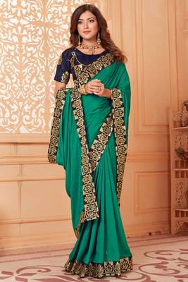 Green embroidered silk blend saree with blouse 2