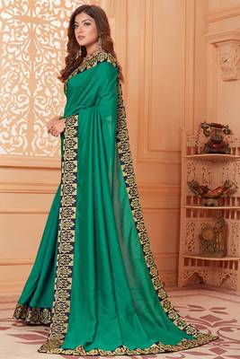 Green embroidered silk blend saree with blouse 3