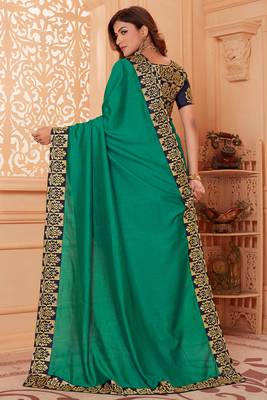 Green embroidered silk blend saree with blouse 4