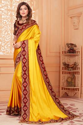 Yellow embroidered silk blend saree with blouse 1