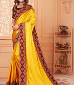 Yellow embroidered silk blend saree with blouse