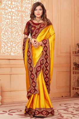 Yellow embroidered silk blend saree with blouse 2