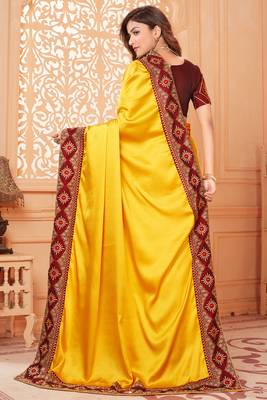 Yellow embroidered silk blend saree with blouse 4